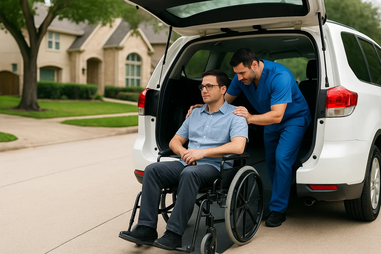 Caregiver in blue scrubs helping a man in a wheelchair board a Texas Mobile MD van in Houston