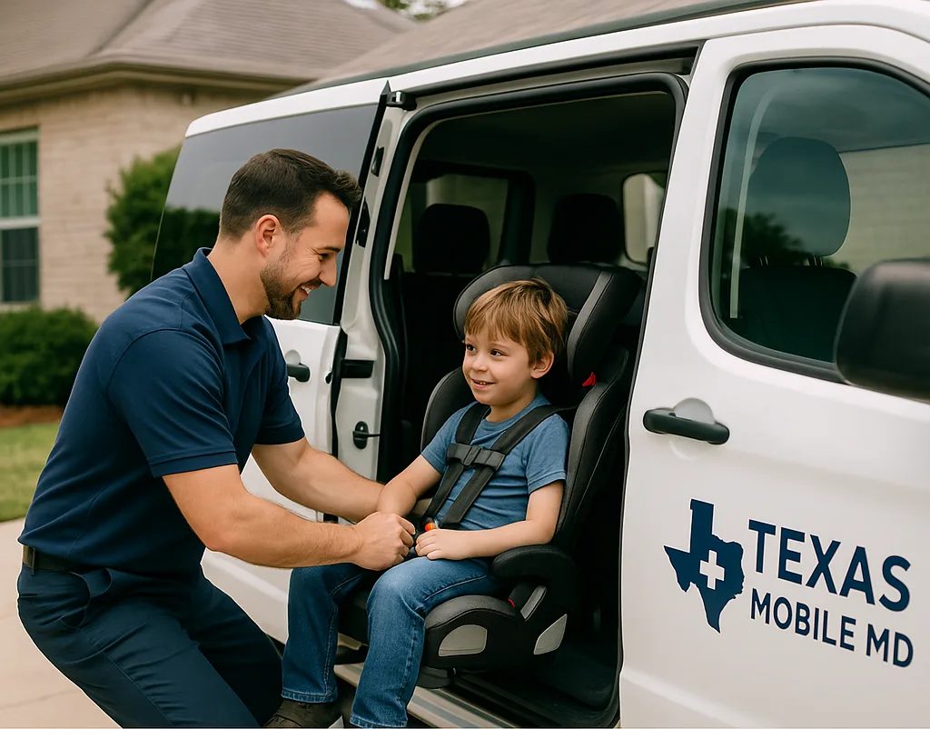 Texas Mobile MD driver securing a child in a car seat for pediatric medical transport