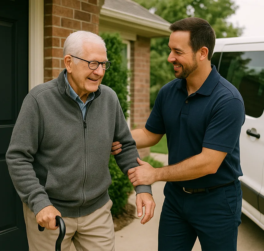 Texas Mobile MD driver assisting a senior man with a cane to the van