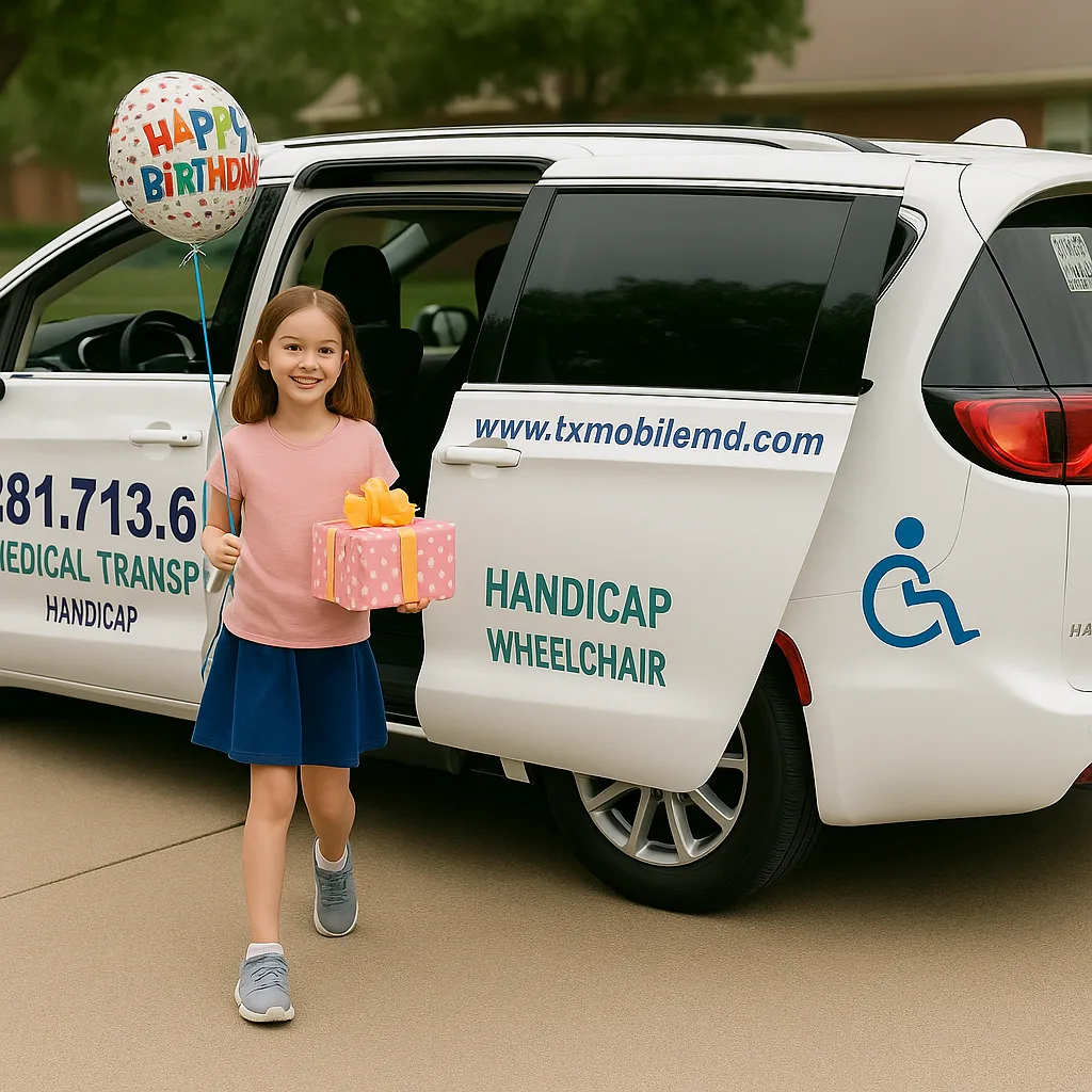 Young girl beside a Texas Mobile MD handicap wheelchair accessible van