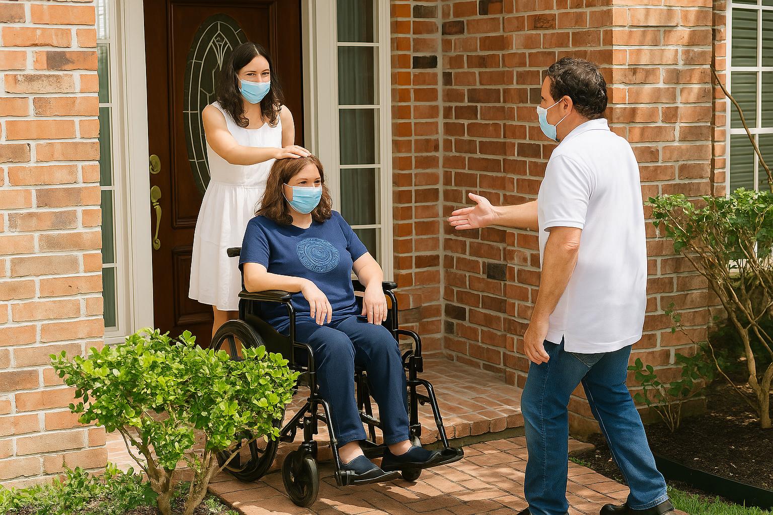 A caregiver and a family member welcoming a patient in a wheelchair home after a hospital discharge
