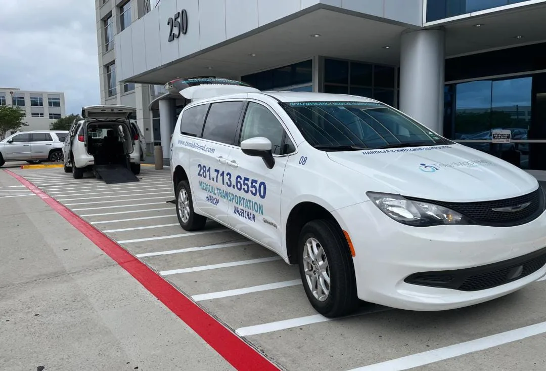 A Texas Mobile MD van parked outside a medical building