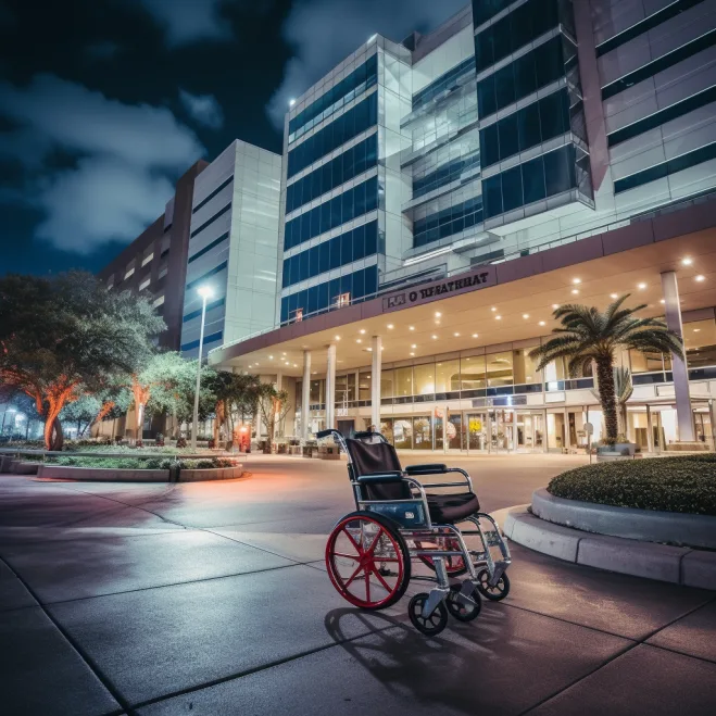 Memorial Hermann Hospital at night with wheelchair