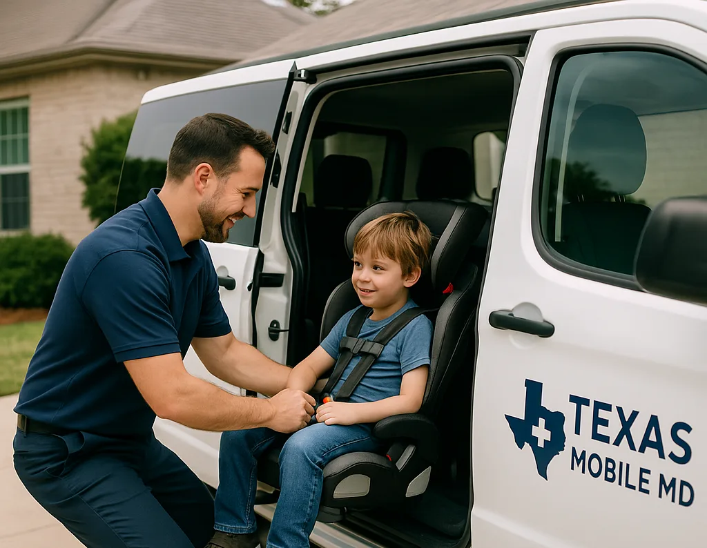 A Texas Mobile MD staff member buckling a child into a car seat inside a van