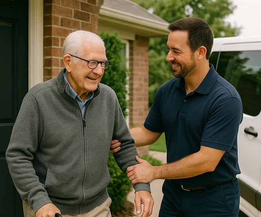 A caregiver helping an older adult next to a Texas Mobile MD van